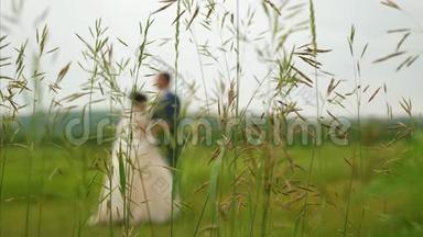 <strong>新娘</strong>的<strong>剪影</strong>，穿着漂亮的白色连衣裙，新郎在草地上跳舞。 一对相爱的夫妇的团队合作。 开心快乐